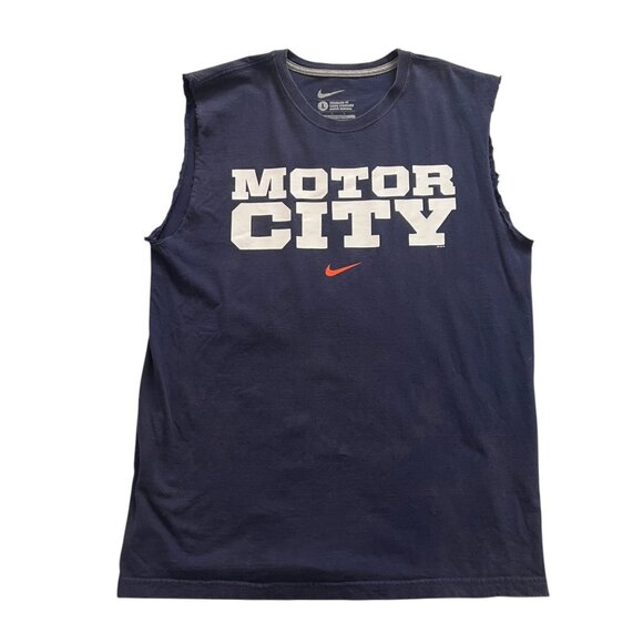 Nike Motor City Detroit Tigers Sleeveless T-Shirt Large Blue Athletic Muscle Tee - Picture 2 of 9